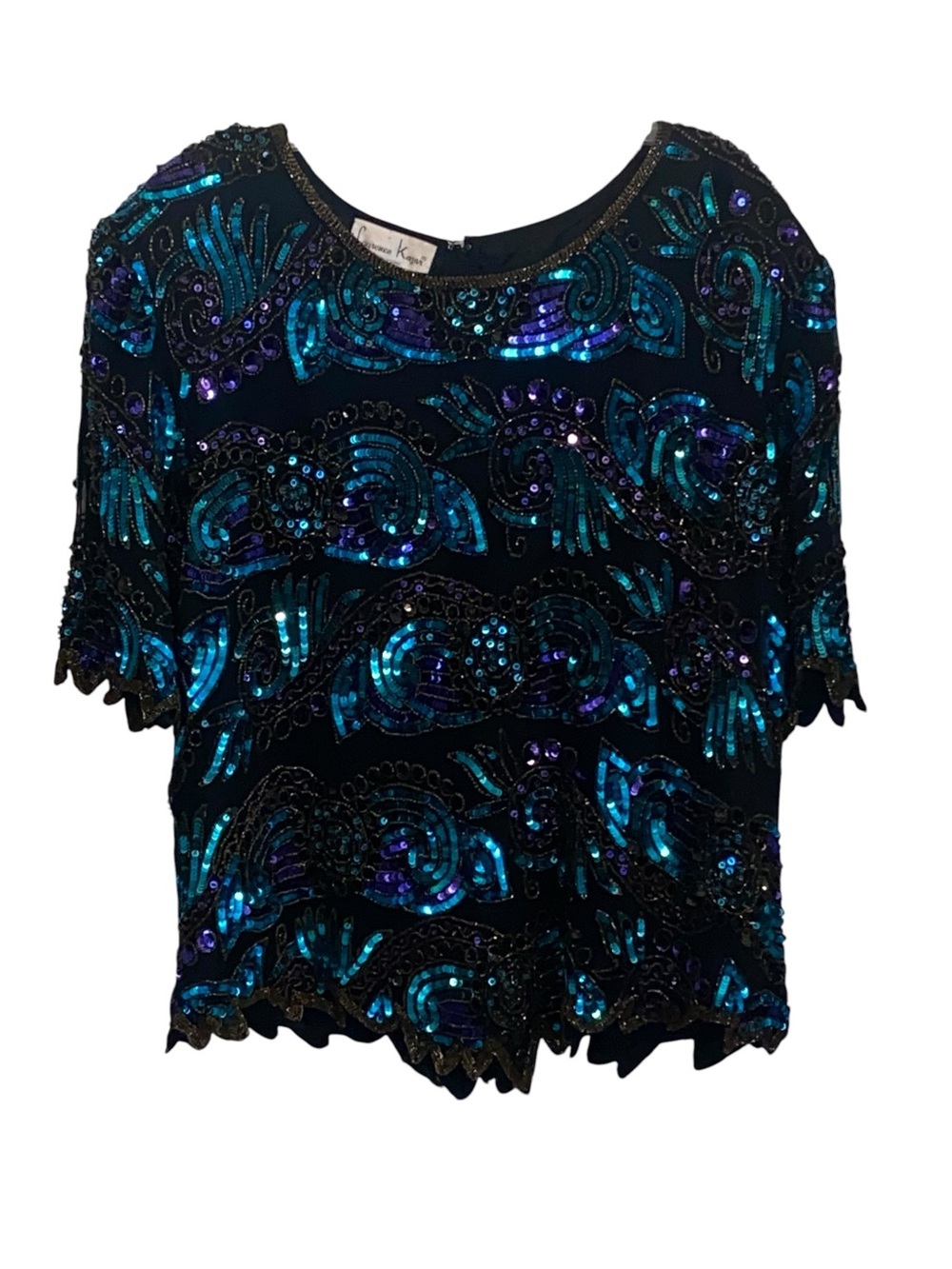 Vintage 80s 90s Laurence Kazar silk blouse purple teal sequin beaded Glam Formal